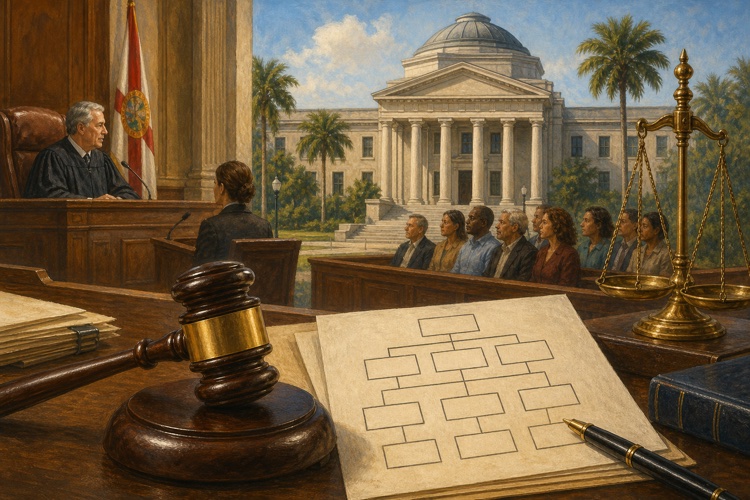 Illustration of a Florida courtroom, courthouse, gavel, scales of justice, and court-system diagram